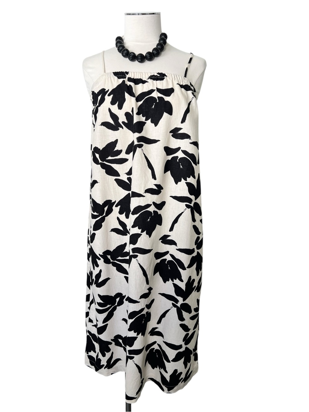 A NEW DAY Black & Cream Floral Spaghetti-Strap Dress Loose Linen Blend Sz XS
